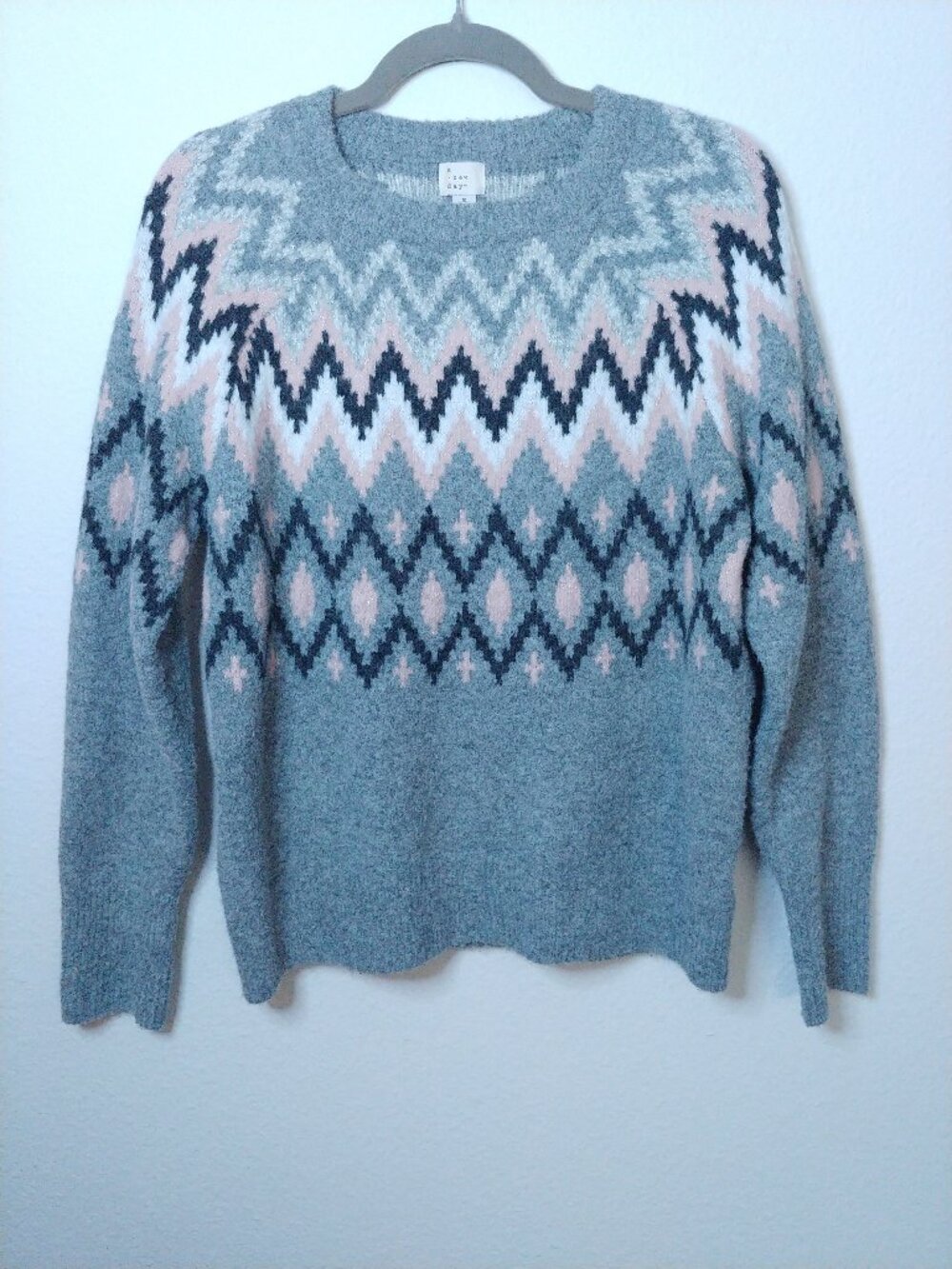 A New Day Gray and Pink Metallic Fair Isle Sweater